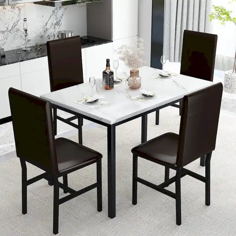 Ensemble de salle à manger 5 pièces en faux marbre blanc/café et expresso, 4 places