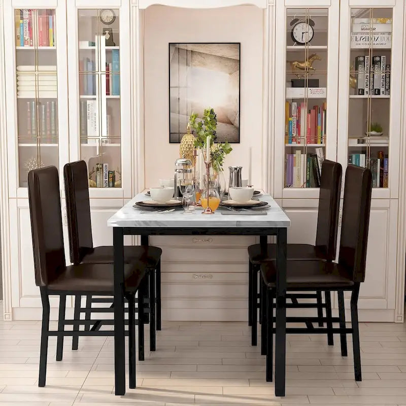 Ensemble de salle à manger 5 pièces en faux marbre blanc/café et expresso, 4 places
