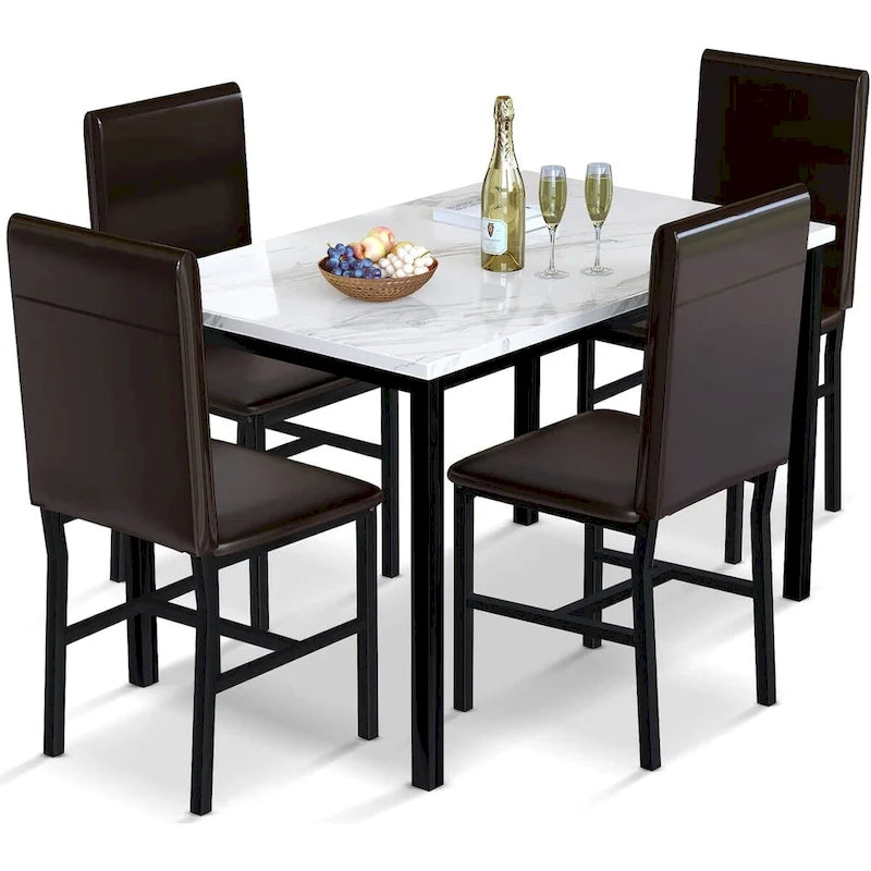 Ensemble de salle à manger 5 pièces en faux marbre blanc/café et expresso, 4 places