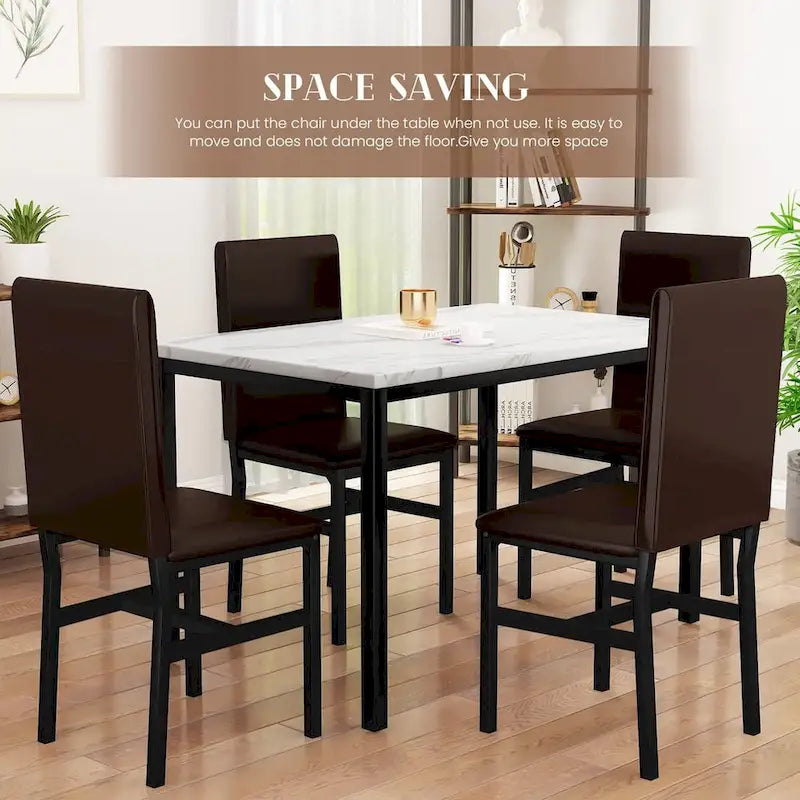 Ensemble de salle à manger 5 pièces en faux marbre blanc/café et expresso, 4 places