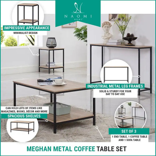 Ensemble table basse 3 pièces en métal et grain de bois – Fini naturel, noir