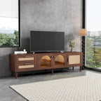 Meuble TV de style rotin marron foncé avec 3 placards et 2 tiroirs, pour téléviseurs jusqu'à 80"