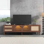 Meuble TV de style rotin marron foncé avec 3 placards et 2 tiroirs, pour téléviseurs jusqu'à 80"