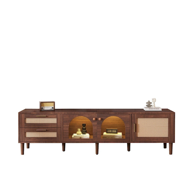 Meuble TV de style rotin marron foncé avec 3 placards et 2 tiroirs, pour téléviseurs jusqu'à 80"