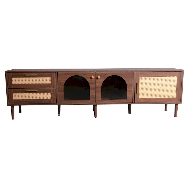 Meuble TV de style rotin marron foncé avec 3 placards et 2 tiroirs, pour téléviseurs jusqu'à 80"