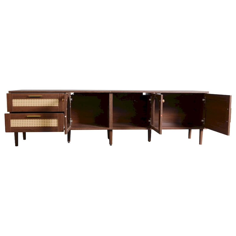 Meuble TV de style rotin marron foncé avec 3 placards et 2 tiroirs, pour téléviseurs jusqu'à 80"