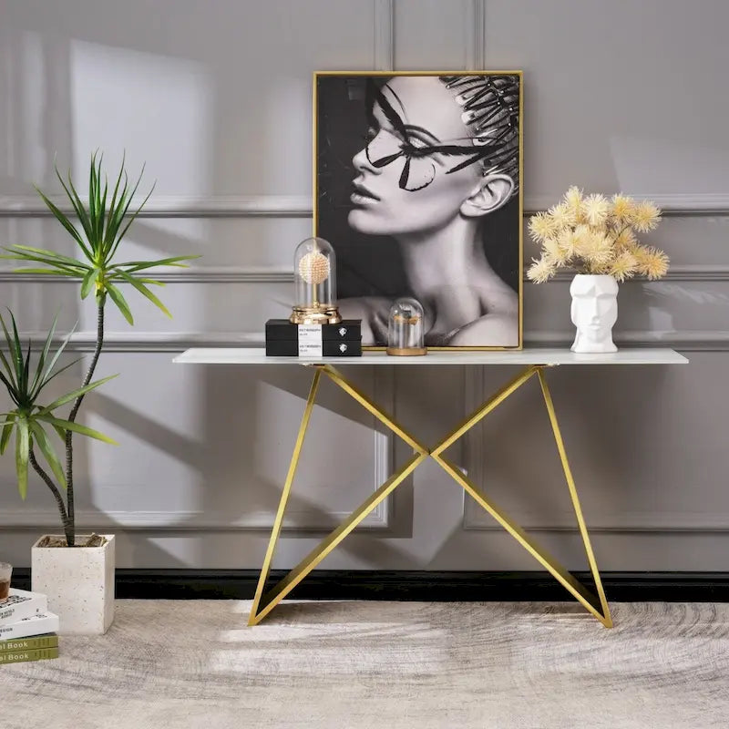 Table console en verre trempé blanc, piètement en M or/argent, 1 personne