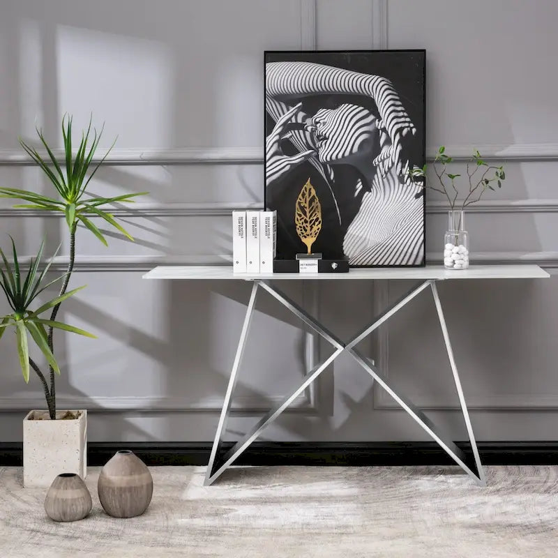 Table console en verre trempé blanc, piètement en M or/argent, 1 personne