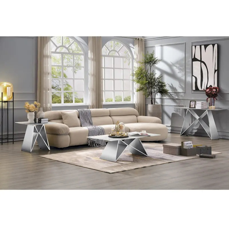 Table console en verre trempé blanc, piètement en M or/argent, 1 personne