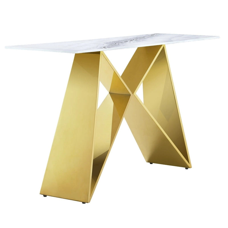 Console en verre trempé blanc, piètement en M doré/argenté, 1 personne