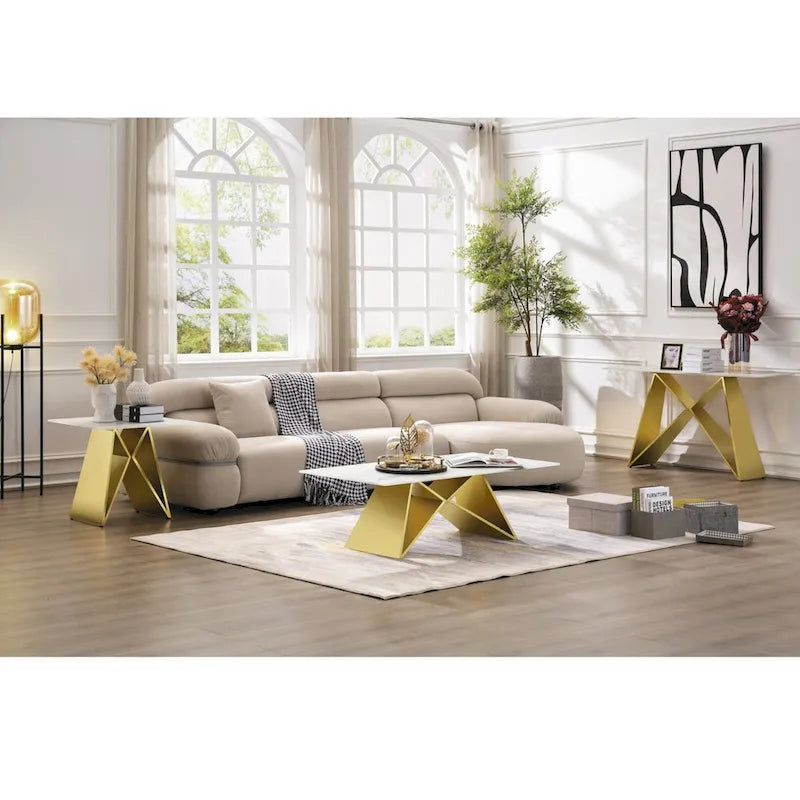 Table console en verre trempé blanc, piètement en M or/argent, 1 personne