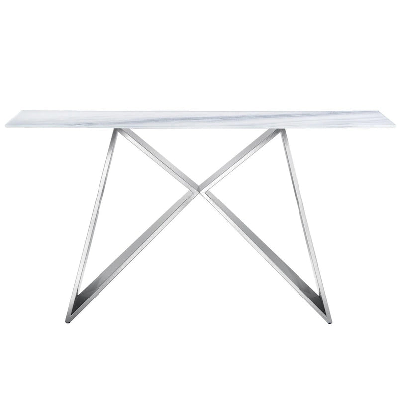 Console en verre trempé blanc, piètement en M doré/argenté, 1 personne