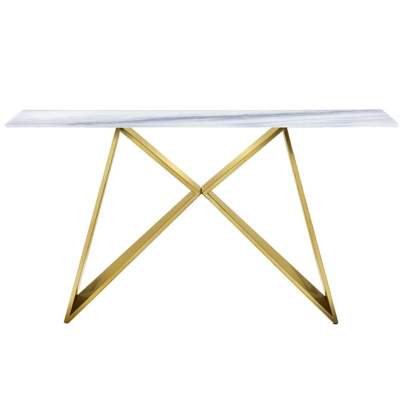 Console en verre trempé blanc, piètement en M doré/argenté, 1 personne