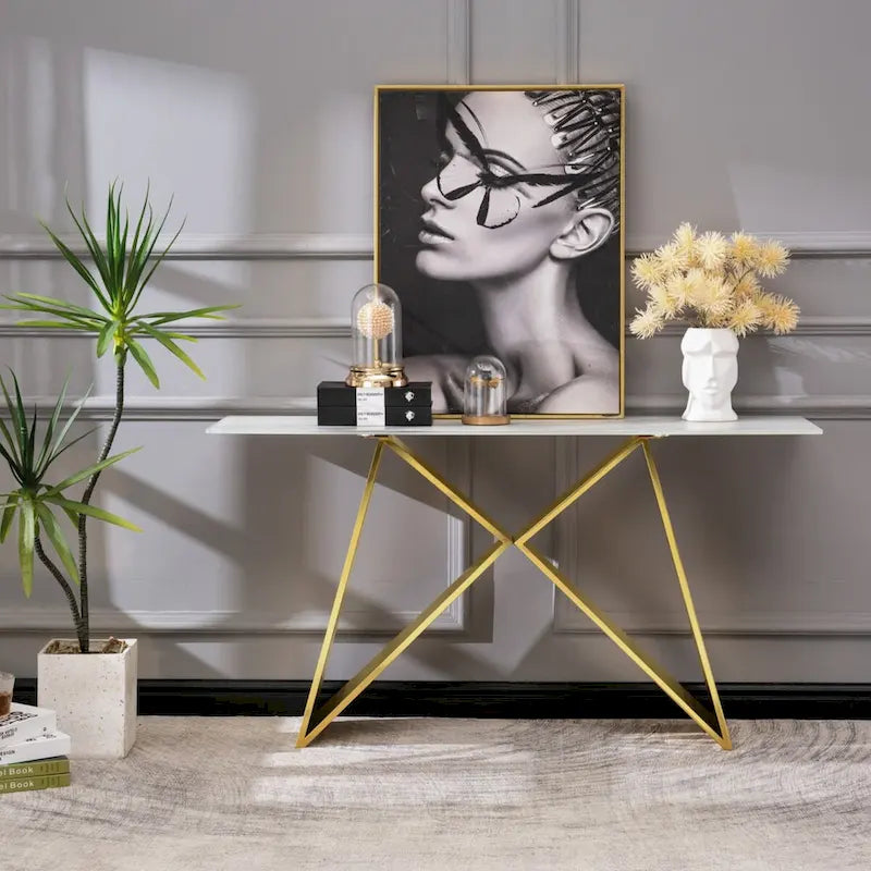 Table console en verre trempé blanc, piètement en M or/argent, 1 personne