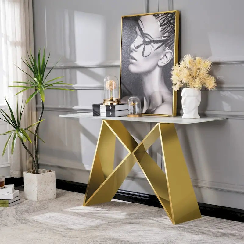 Table console en verre trempé blanc, piètement en M or/argent, 1 personne