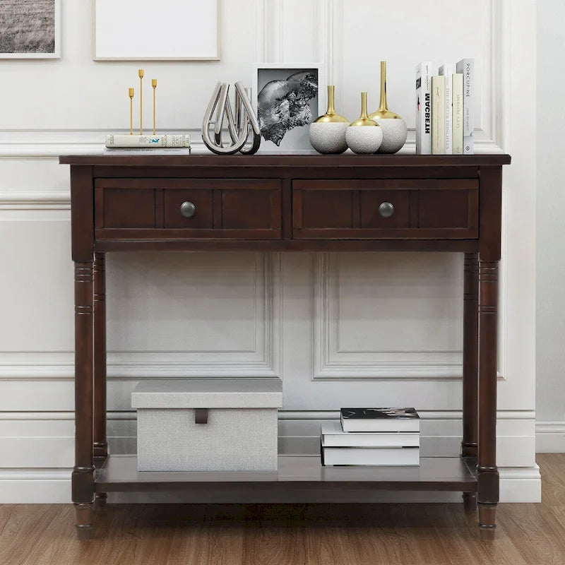 Console 2 tiroirs avec étagère inférieure – Gris antique | Espresso | Bleu rétro | Ivoire | Marine