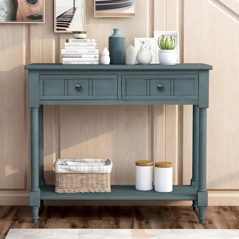 Console 2 tiroirs avec étagère inférieure – Gris antique | Espresso | Bleu rétro | Ivoire | Marine