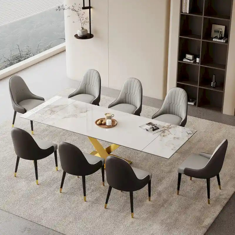 Ensemble de table à manger extensible en pierre sintérisée blanche/noire, piètement en X en acier, 6 à 8 places