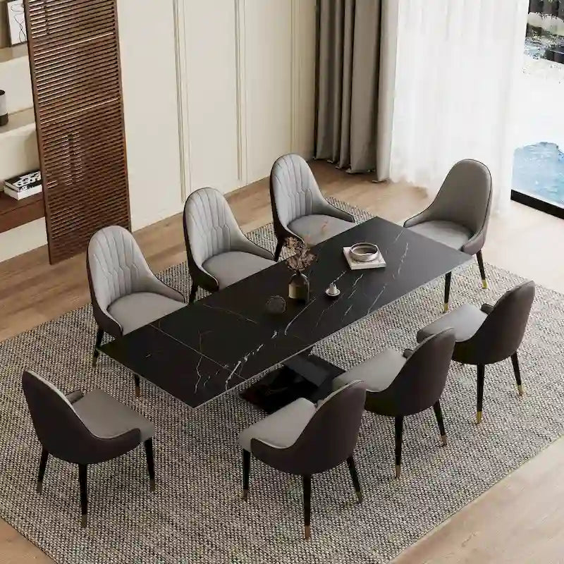 Ensemble de table à manger extensible en pierre sintérisée blanche/noire, piètement en X en acier, 6 à 8 places