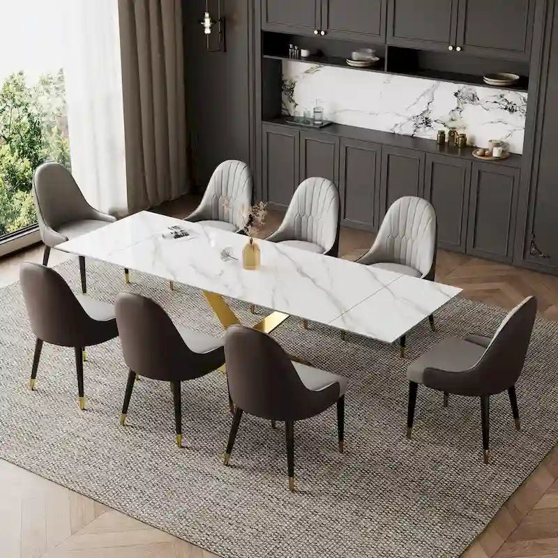 Ensemble de table à manger extensible en pierre sintérisée blanche/noire, piètement en X en acier, 6 à 8 places