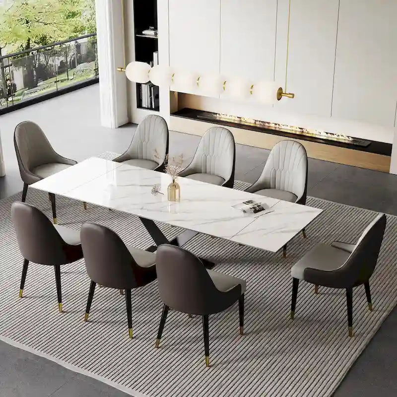 Ensemble de table à manger extensible en pierre sintérisée blanche/noire, piètement en X en acier, 6 à 8 places