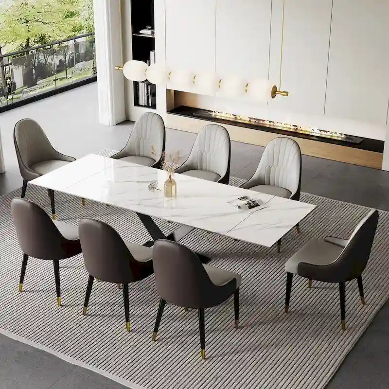 Ensemble de table à manger extensible en pierre sintérisée blanche/noire, piètement en X en acier, 6 à 8 places