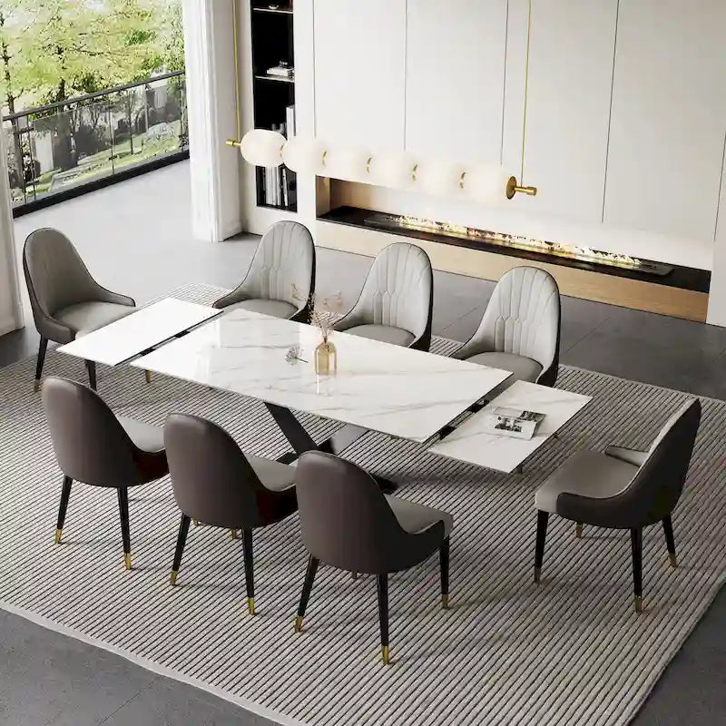 Ensemble de table à manger extensible en pierre sintérisée blanche/noire, piètement en X en acier, 6 à 8 places