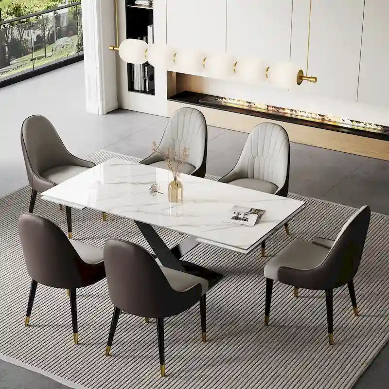 Ensemble de table à manger extensible en pierre sintérisée blanche/noire, piètement en X en acier, 6 à 8 places