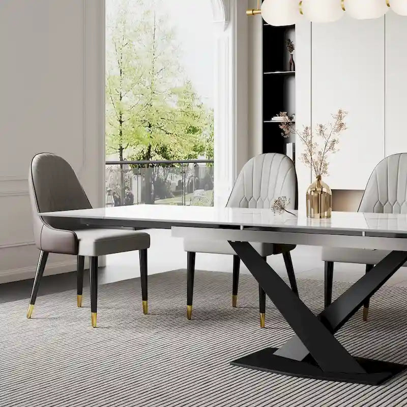 Ensemble de table à manger extensible en pierre sintérisée blanche/noire, piètement en X en acier, 6 à 8 places