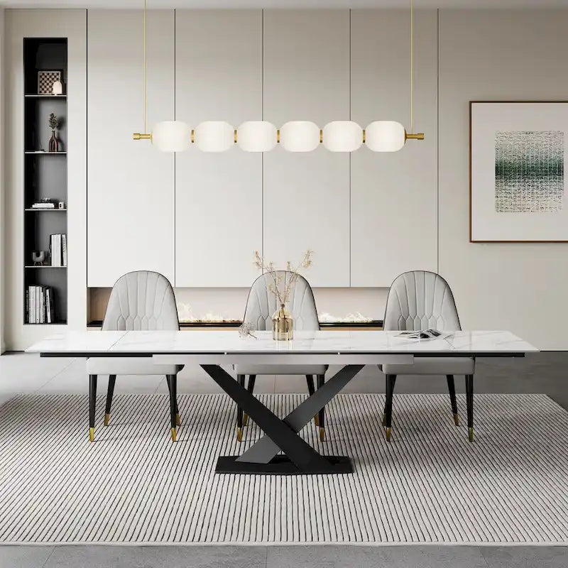 Ensemble de table à manger extensible en pierre sintérisée blanche/noire, piètement en X en acier, 6 à 8 places
