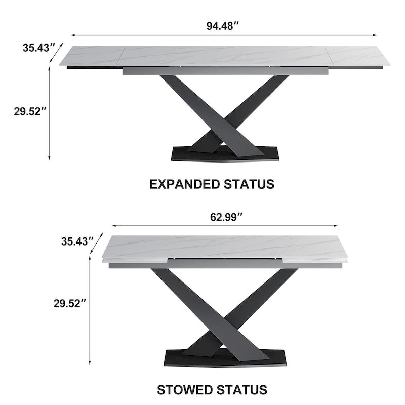 Ensemble de table à manger extensible en pierre sintérisée blanche/noire, piètement en X en acier, 6 à 8 places