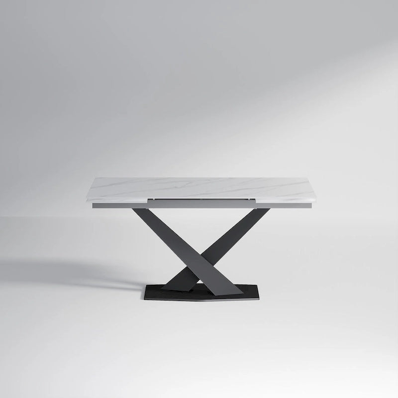 Ensemble de table à manger extensible en pierre sintérisée blanche/noire, piètement en X en acier, 6 à 8 places