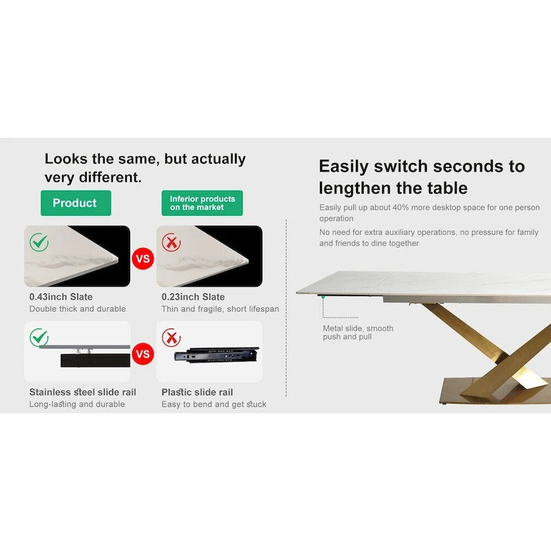 Ensemble de table à manger extensible en pierre sintérisée blanche/noire, piètement en X en acier, 6 à 8 places