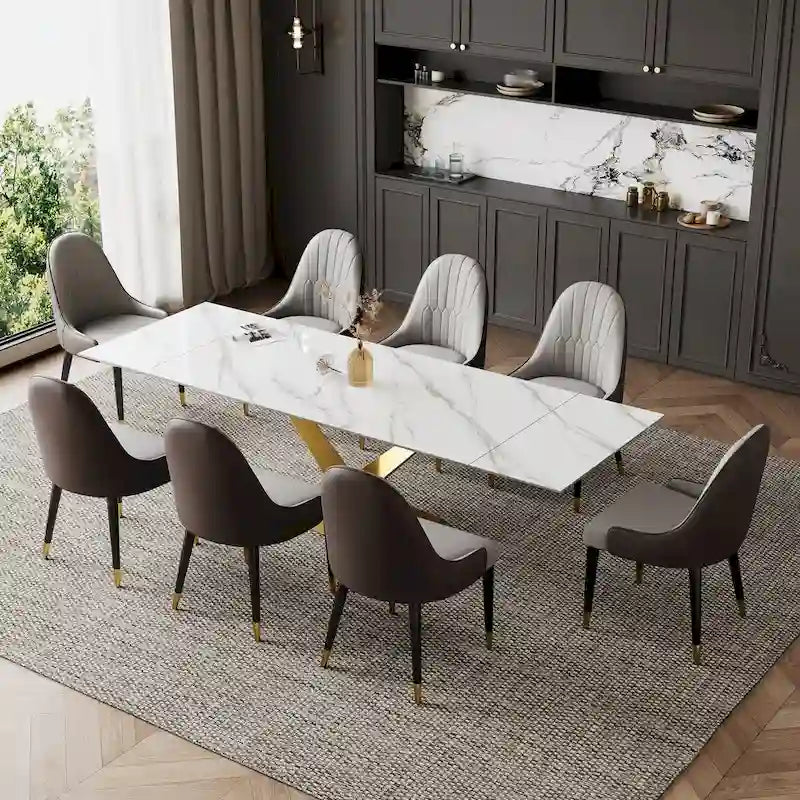 Ensemble de table à manger extensible en pierre sintérisée blanche/noire, piètement en X en acier, 6 à 8 places
