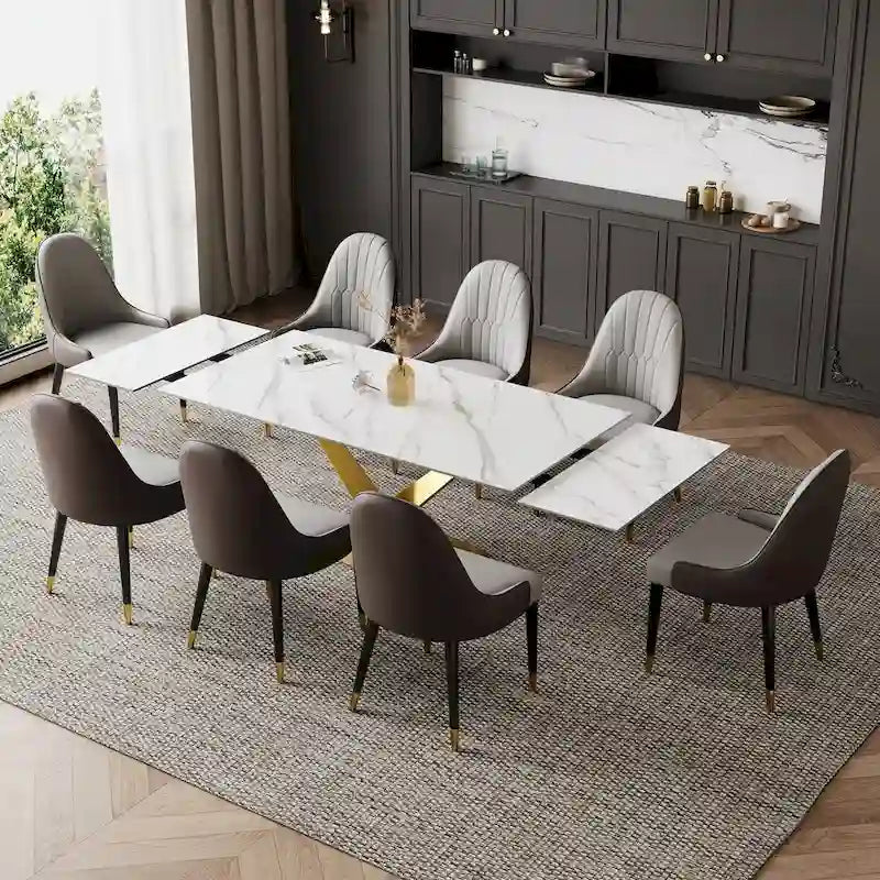 Ensemble de table à manger extensible en pierre sintérisée blanche/noire, piètement en X en acier, 6 à 8 places