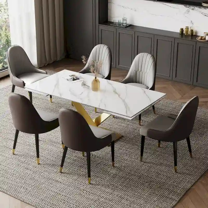 Ensemble de table à manger extensible en pierre sintérisée blanche/noire, piètement en X en acier, 6 à 8 places