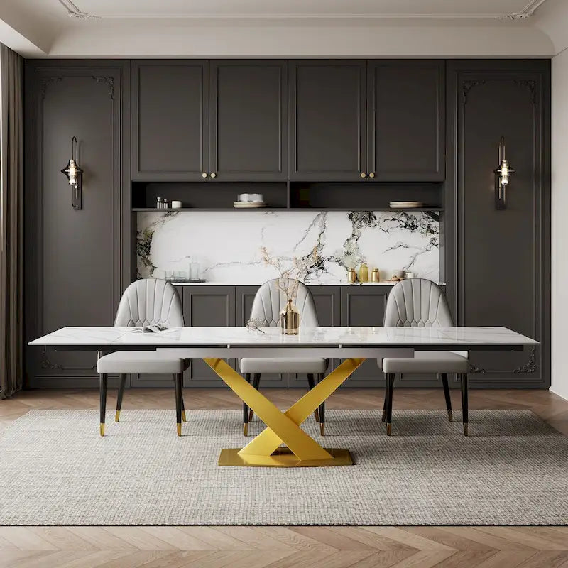 Ensemble de table à manger extensible en pierre sintérisée blanche/noire, piètement en X en acier, 6 à 8 places