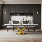 Ensemble de table à manger extensible en pierre sintérisée blanche/noire, piètement en X en acier, 6 à 8 places