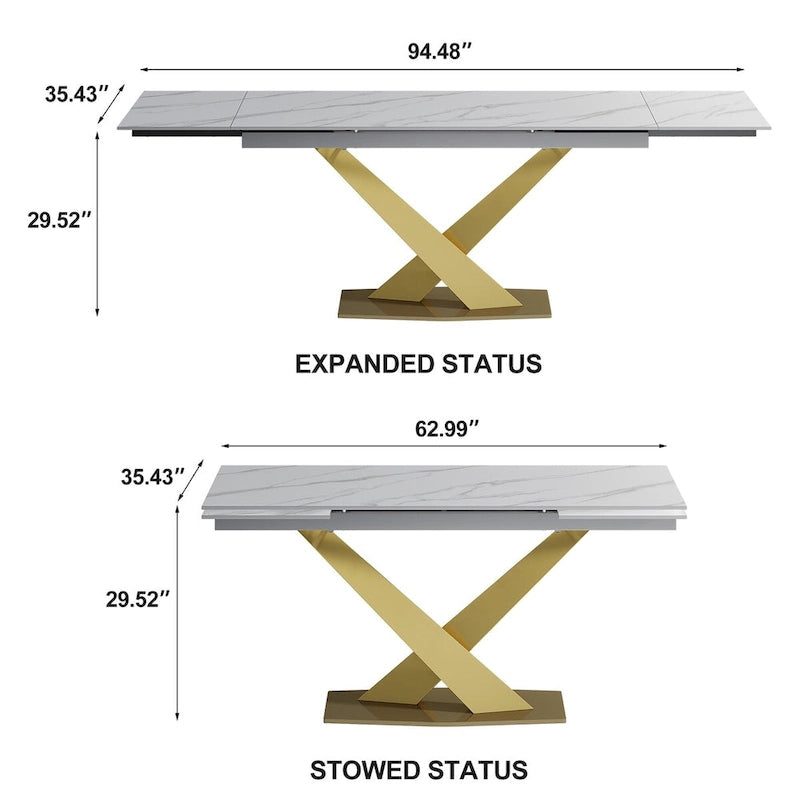 Ensemble de table à manger extensible en pierre sintérisée blanche/noire, piètement en X en acier, 6 à 8 places
