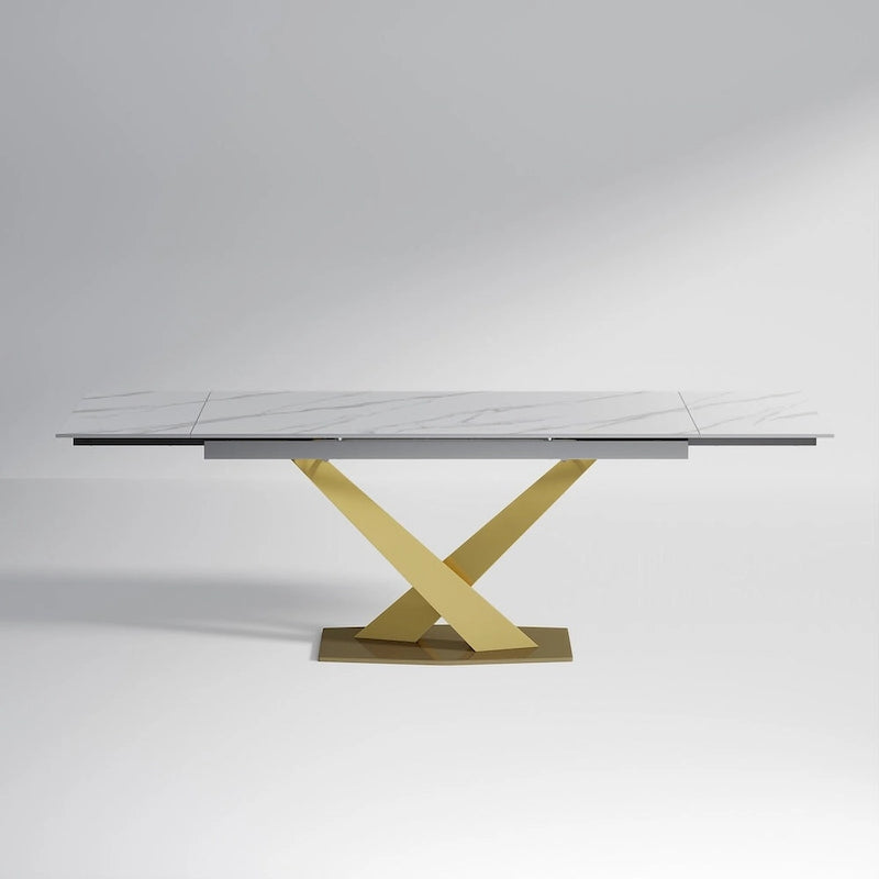 Ensemble de table à manger extensible en pierre sintérisée blanche/noire, piètement en X en acier, 6 à 8 places