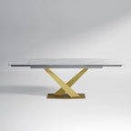 Ensemble de table à manger extensible en pierre sintérisée blanche/noire, piètement en X en acier, 6 à 8 places
