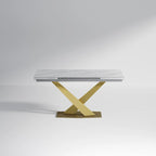 Ensemble de table à manger extensible en pierre sintérisée blanche/noire, piètement en X en acier, 6 à 8 places