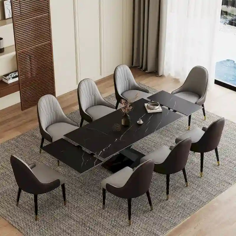 Ensemble de table à manger extensible en pierre sintérisée blanche/noire, piètement en X en acier, 6 à 8 places