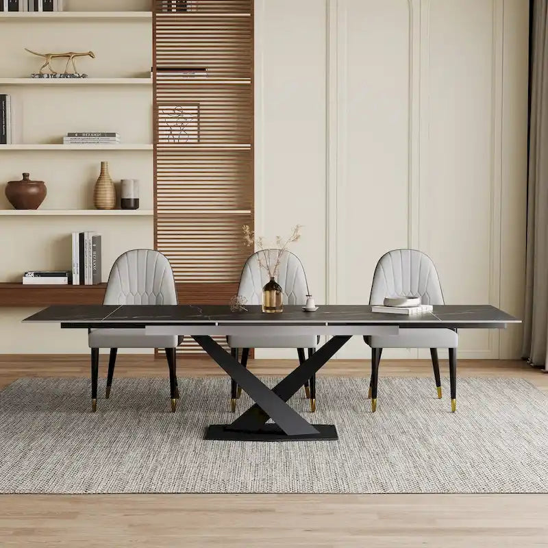 Ensemble de table à manger extensible en pierre sintérisée blanche/noire, piètement en X en acier, 6 à 8 places