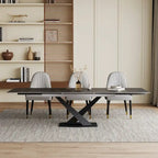 Ensemble de table à manger extensible en pierre sintérisée blanche/noire, piètement en X en acier, 6 à 8 places
