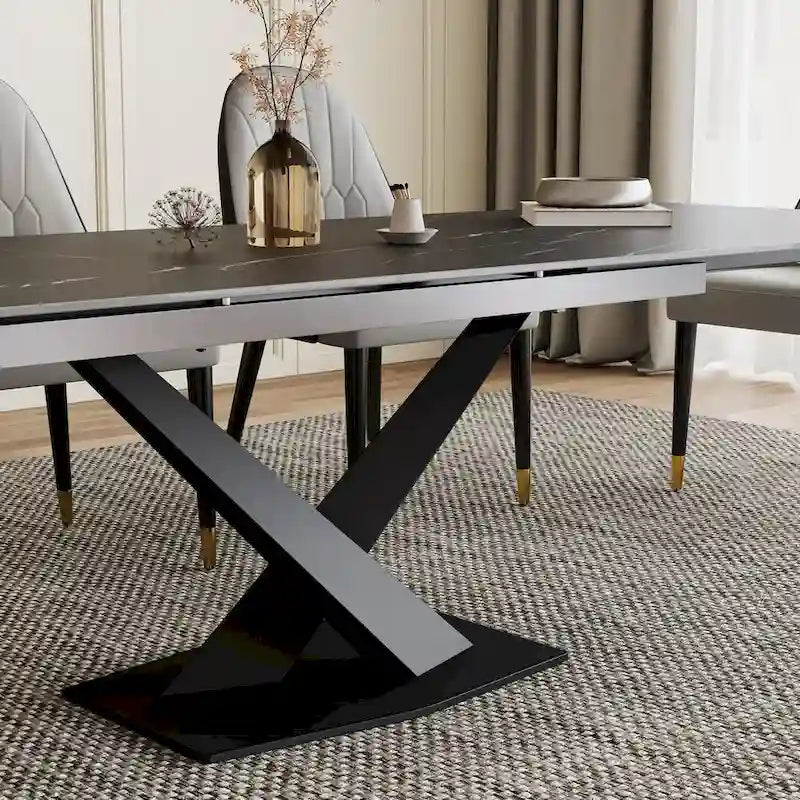 Ensemble de table à manger extensible en pierre sintérisée blanche/noire, piètement en X en acier, 6 à 8 places