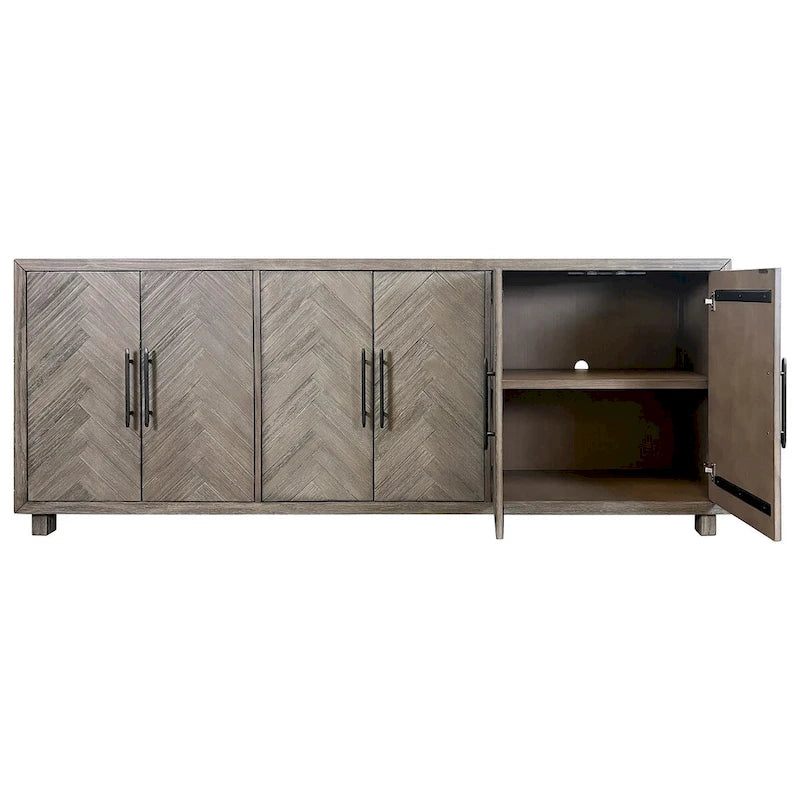 Meuble TV gris à 6 portes, style transitionnel, entièrement assemblé