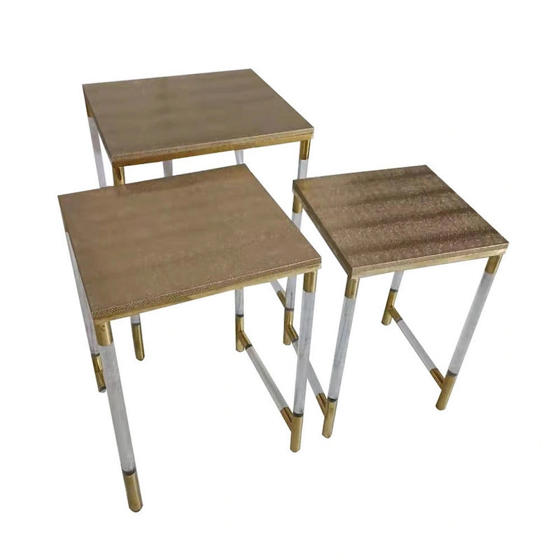 Tables d'appoint gigognes marron et transparentes avec détails dorés, plateau en similicuir, lot de 3