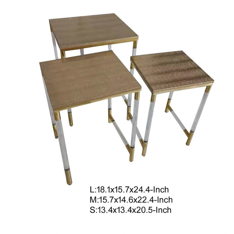 Tables gigognes marron et transparentes avec détails dorés, plateau en similicuir, lot de 3