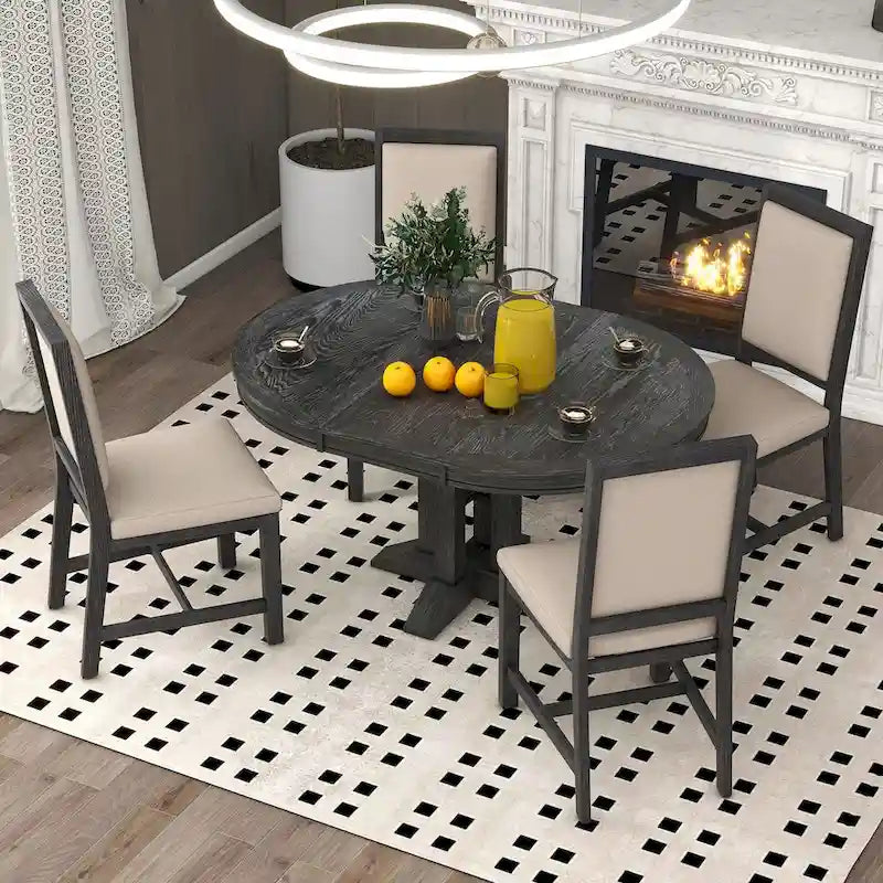 Ensemble de salle à manger rond extensible noir pour 6 personnes, 5 pièces